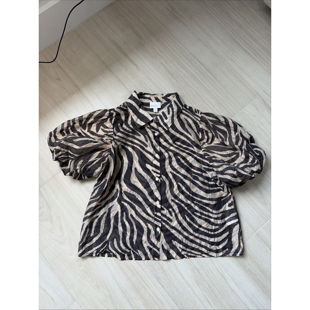 Bailey /44  Zebra Print Ramie Puff Sleeve Button Front Blouse Tan Black L